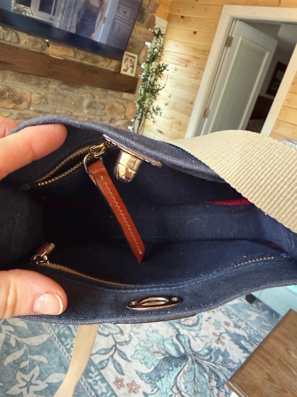 Dooney & Bourke Navy Canvas Messenger with Tan Strap and Brown Trim - Picture 8 of 8